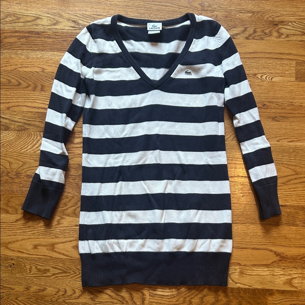 Lacoste Women's V-Neck Sweater - Navy and White Stripes